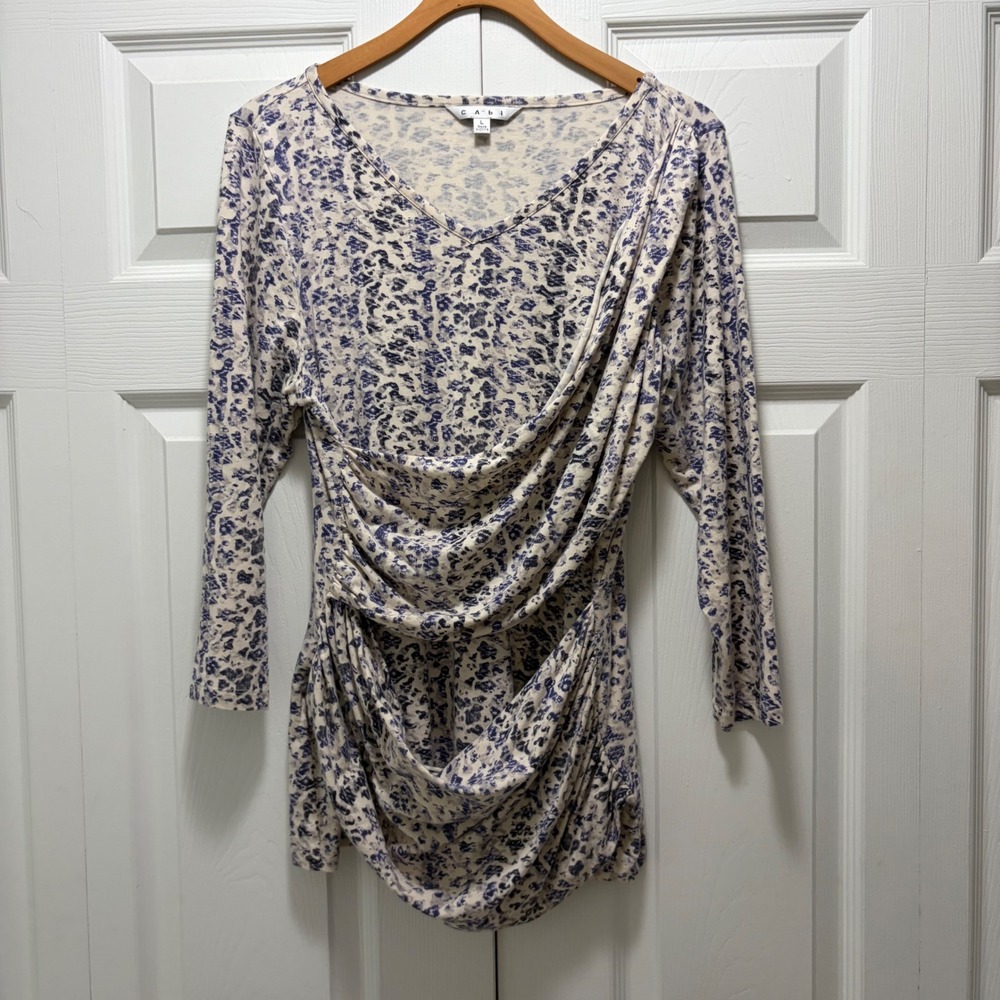Cabi 262 Draped Surplice Tunic Top Cream Navy Abstract Print Large 3/4 Sleeve